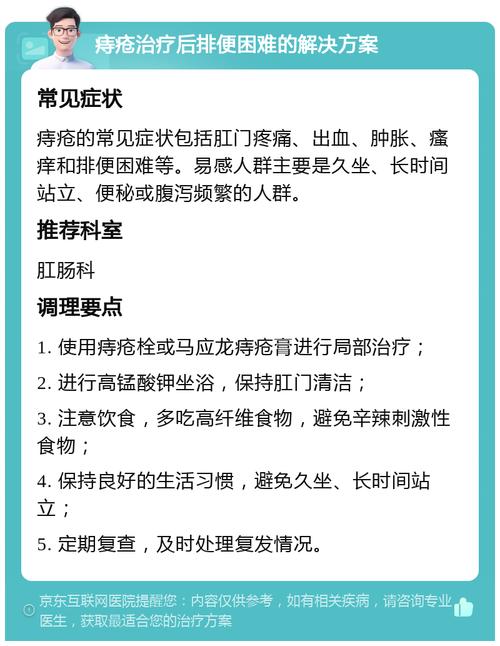 预防措施
描述: 文章主要讲述了痔疮结扎后出现排便困难的原因，详细介绍了应对排便困难的方法，如心理调节、饮食调整等，还阐述了预防排便困难的措施，帮助患者更好地应对术后问题，恢复健康。